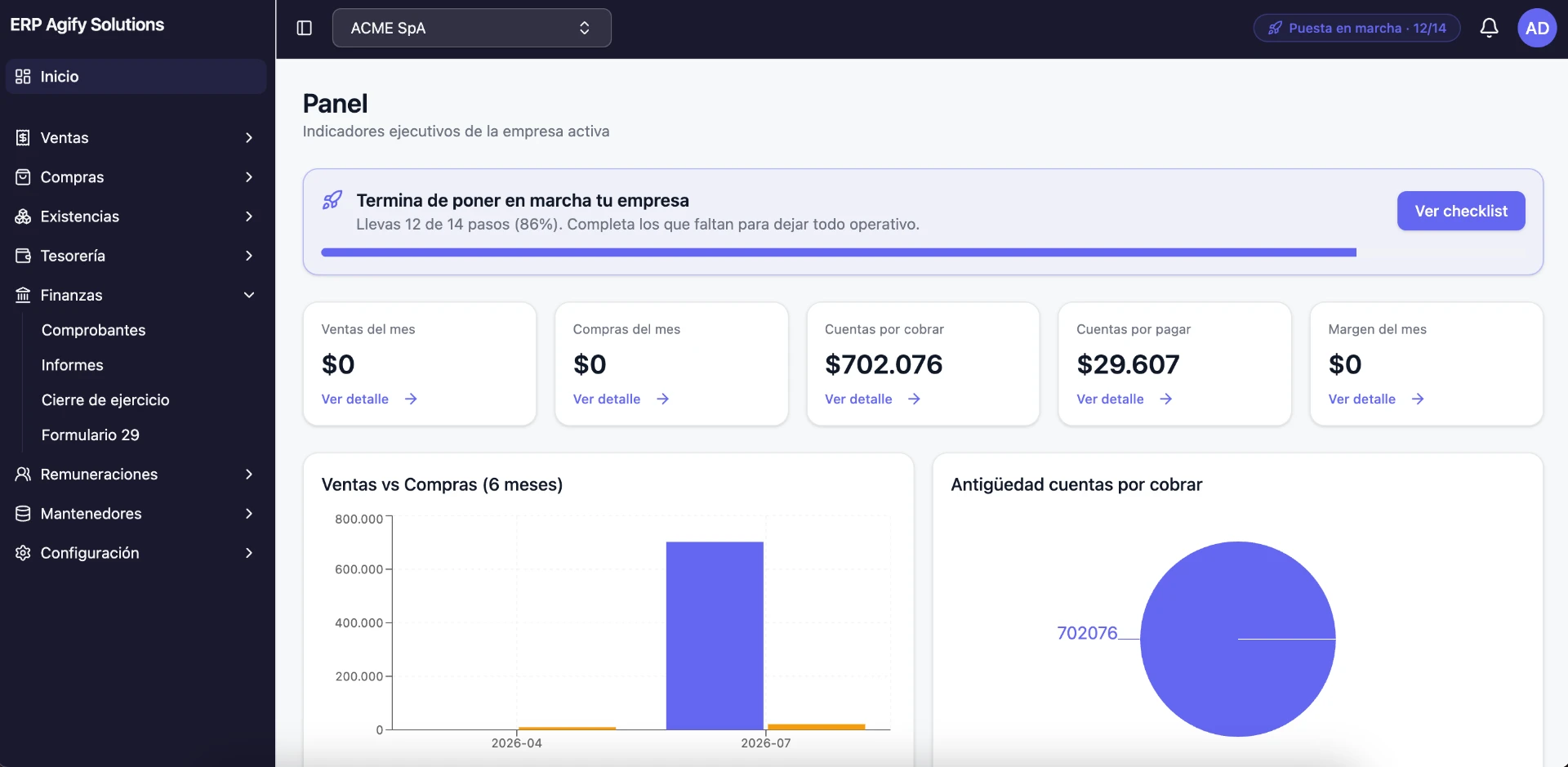 Panel de AgifyERP con indicadores, contabilidad y facturas